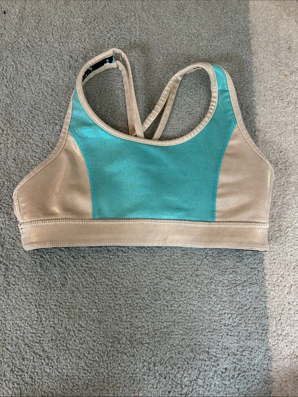 Justice Black Sports Bra with Teal, Pink & Gold Splash Accents